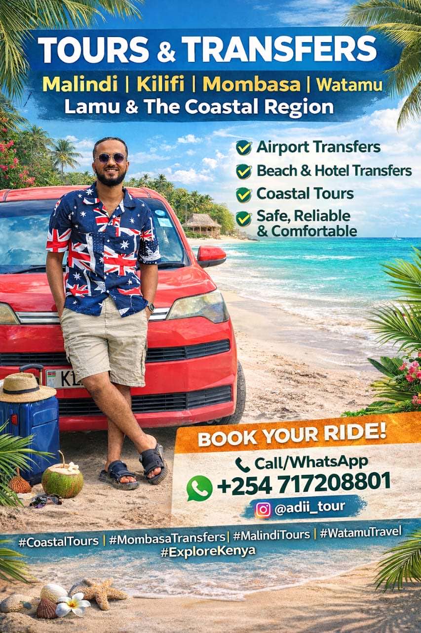 Promotional image describing tours and transfers across the Kenyan coast