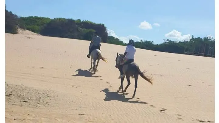 Horseback riders crossing sandy dunes on a Mombasa tours beach adventure