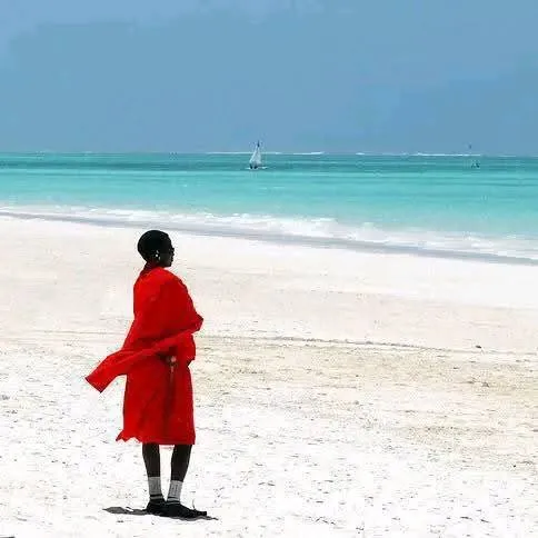 Guest in red walking along a bright white-sand beach during a Mombasa tours day trip